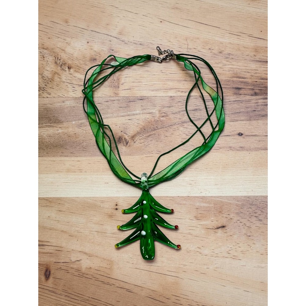 Christmas Tree Glass Pendant Ribbon Necklace Womens Green Artesian